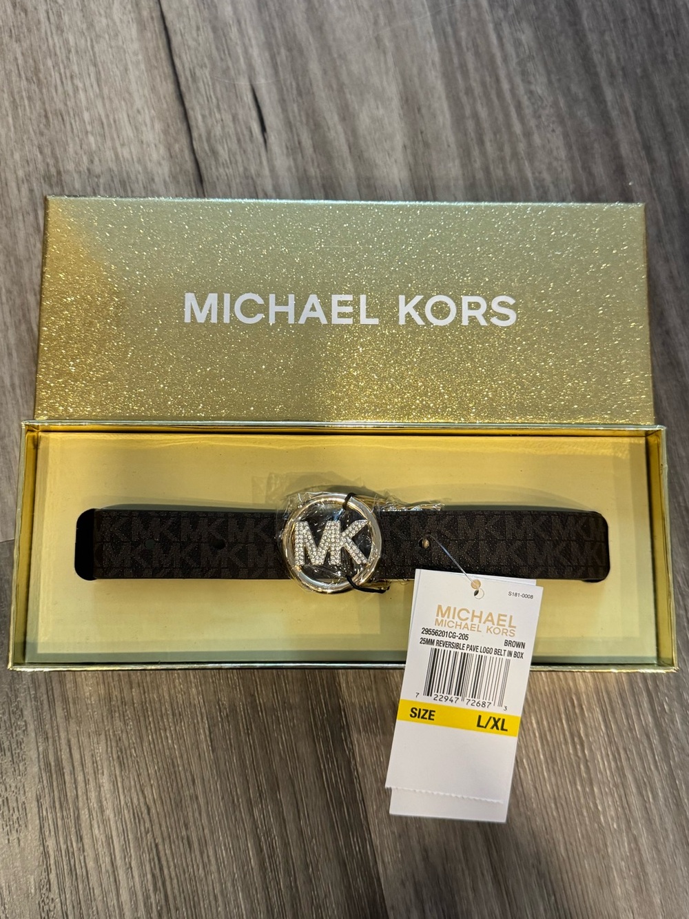 Michael Kors 25MM Reversible Pave Logo Belt in Box Size L/XL